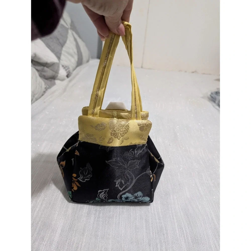Asian Silk‎ Brocade Handbag Gold Black Floral Tassel Hanbok Inspired Gift Purse